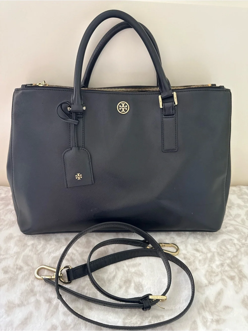 Tory Burch Robinson Double Zip Tote Black Saffiano Leather with Crossbody Strap